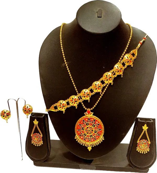 Assamese_Traditional_Gold_Plated_Red_Black_Colour_Japi_Combo_Jewellery_Set_For_Women